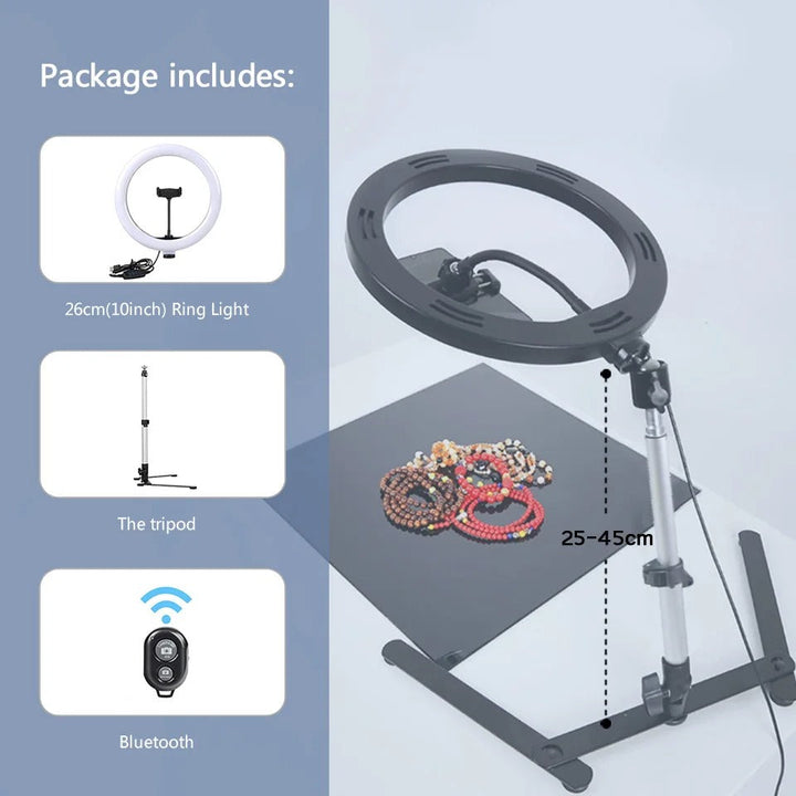 Förpackningsinnehåll med ringlampa stativ och bluetooth-fjärrkontroll