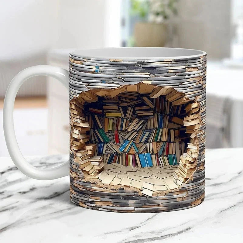 Keramikmugg med 3D bokhylla design för varma drycker i hem och kök
