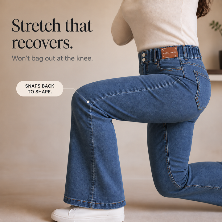 Närbild på fickor och knäppning på utsvängda damjeans