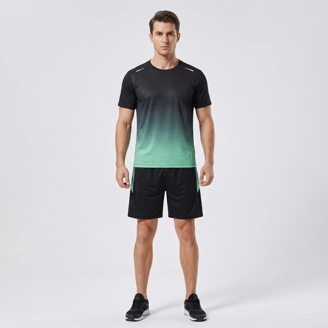 Grått och svart gradient träningsset för herrar med t-shirt och shorts