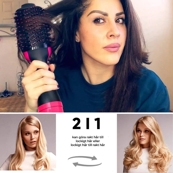 "2-i-1 hårtork och styler med jonisk teknik, oval borste, svart och silver design, för alla hårtyper"