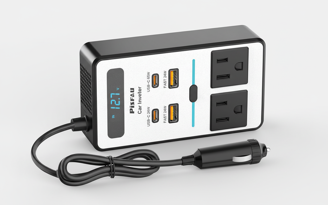 Kraftfull 200W PowerDrive bilomvandlare ansluten till fordonets 12V uttag, laddar mobiler och laptops effektivt.
