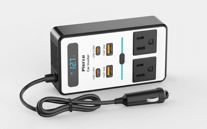 Kraftfull 200W PowerDrive bilomvandlare ansluten till fordonets 12V uttag, laddar mobiler och laptops effektivt.
