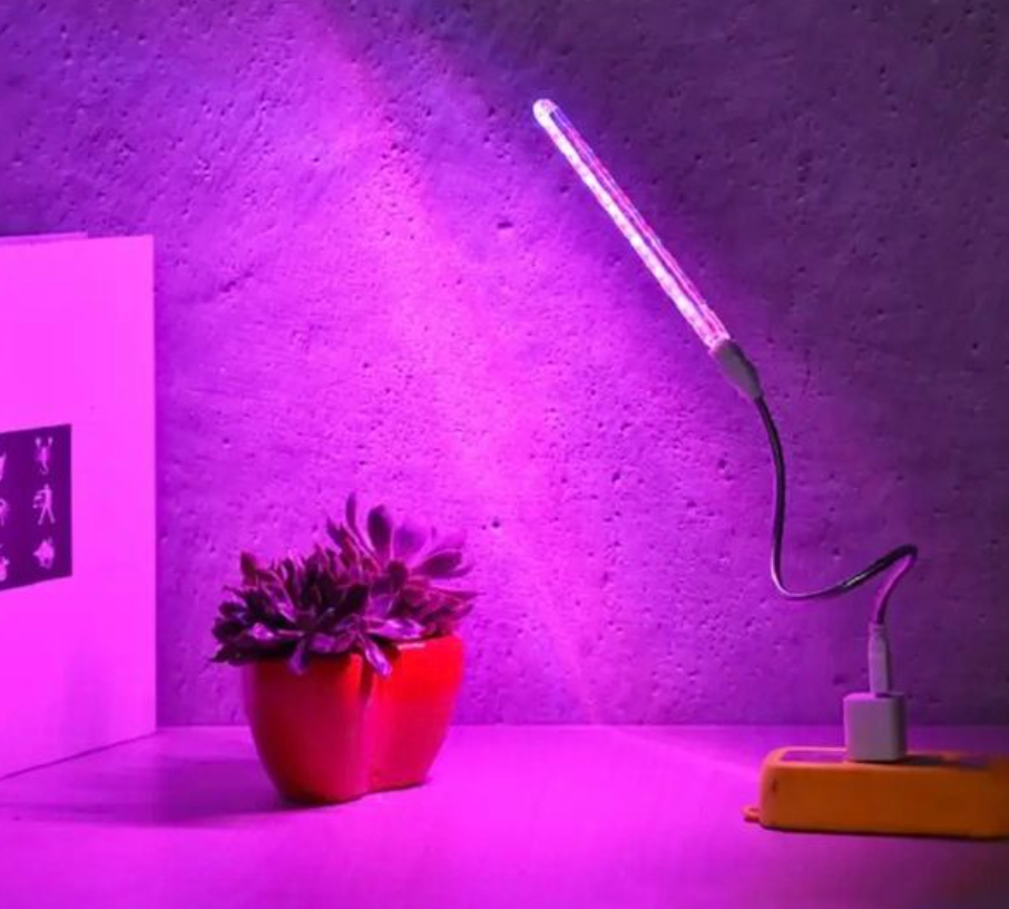 VäxtGlow LED växtbelysning med rött och blått ljus bredvid en grön växt