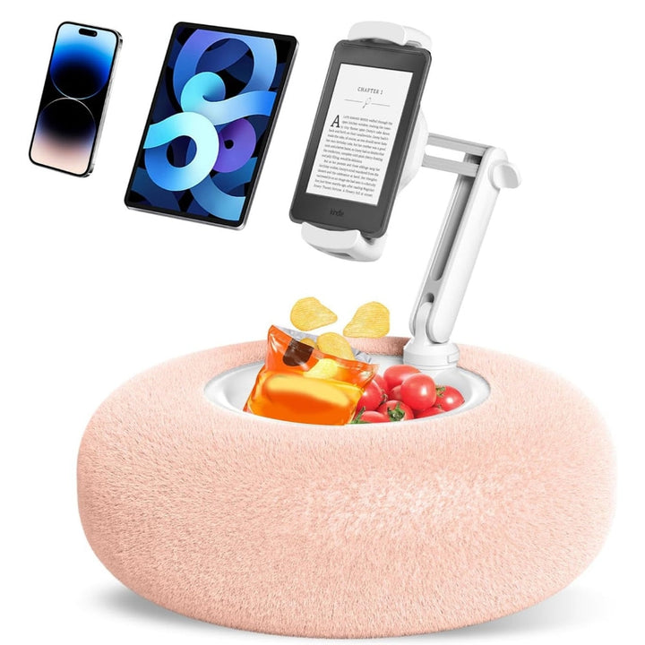 Rosa mjuk telefonhållare med integrerad snackskål och telefon samt surfplatta
