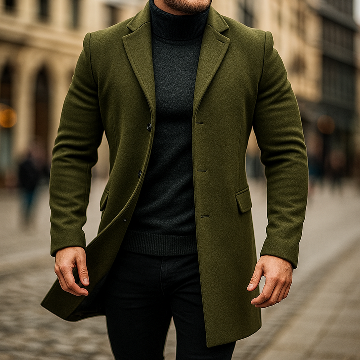 Snygg beige trenchcoat för män, perfekt som modernt ytterplagg