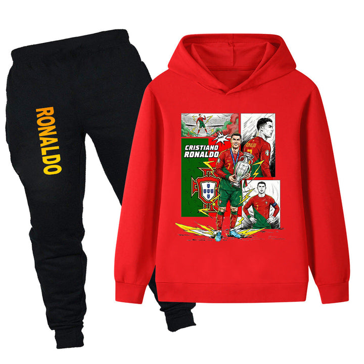 Röd Cristiano Ronaldo träningsoverall för barn med hoodie och svarta byxor