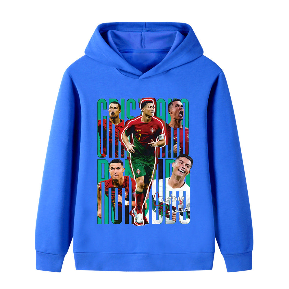 Blå Ronaldo fotbolls hoodie för barn med tryck