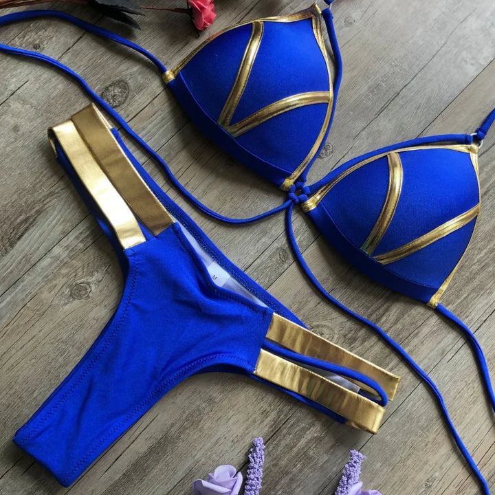 Blå tvådelad bikini för damer med justerbara detaljer