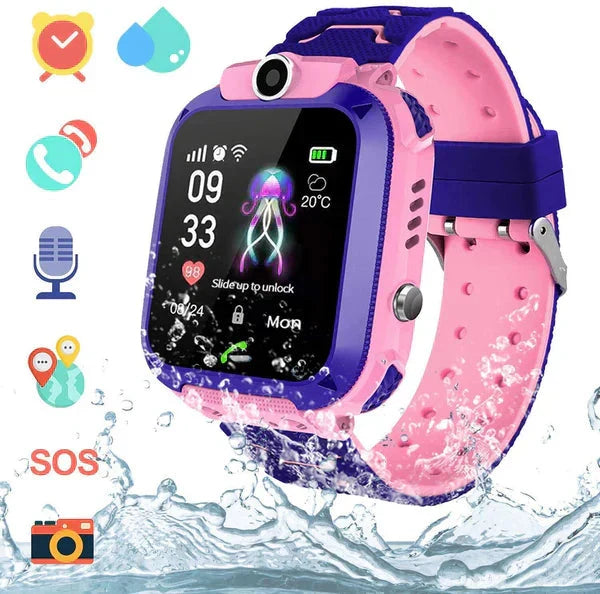 GPS smartwatch för barn med ikoner för funktioner och stänkskydd