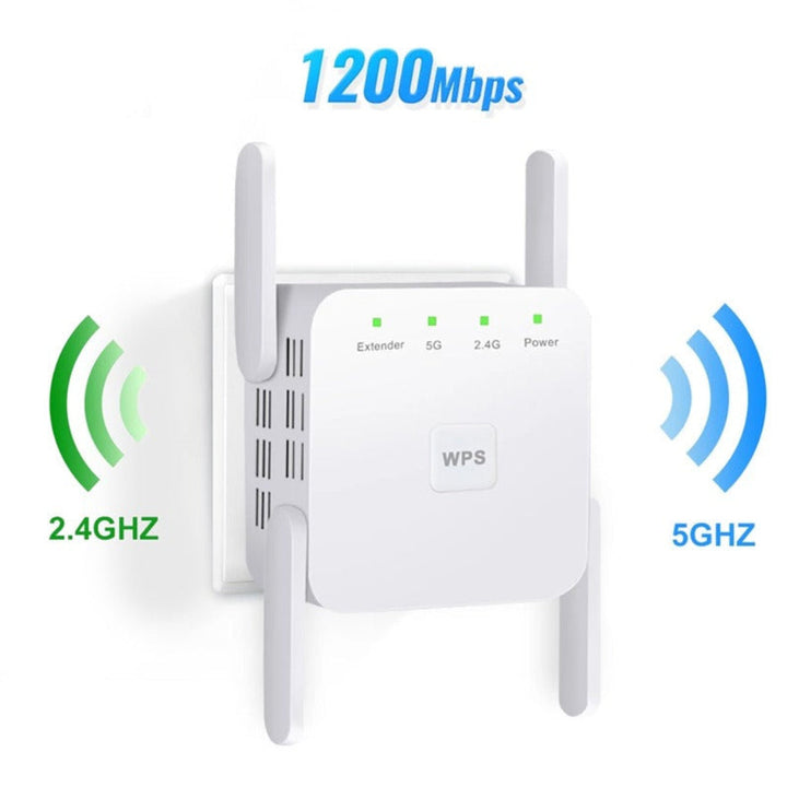 UltraXtend 5G WiFi Booster i vit färg med täckningsillustration