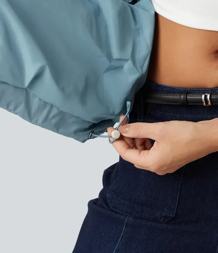 Moderna dammode ytterkläder: blå jacka med hög krage