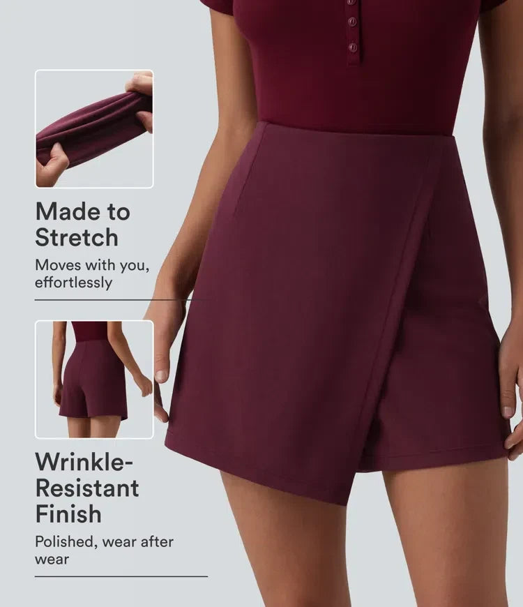 Högmidjad skrynkelfri skort för dam som visar stretchmaterial