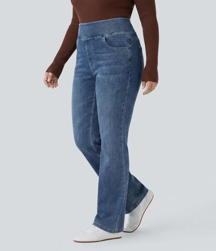 Närbild på tyg och stretch i damjeans för vardagsbruk