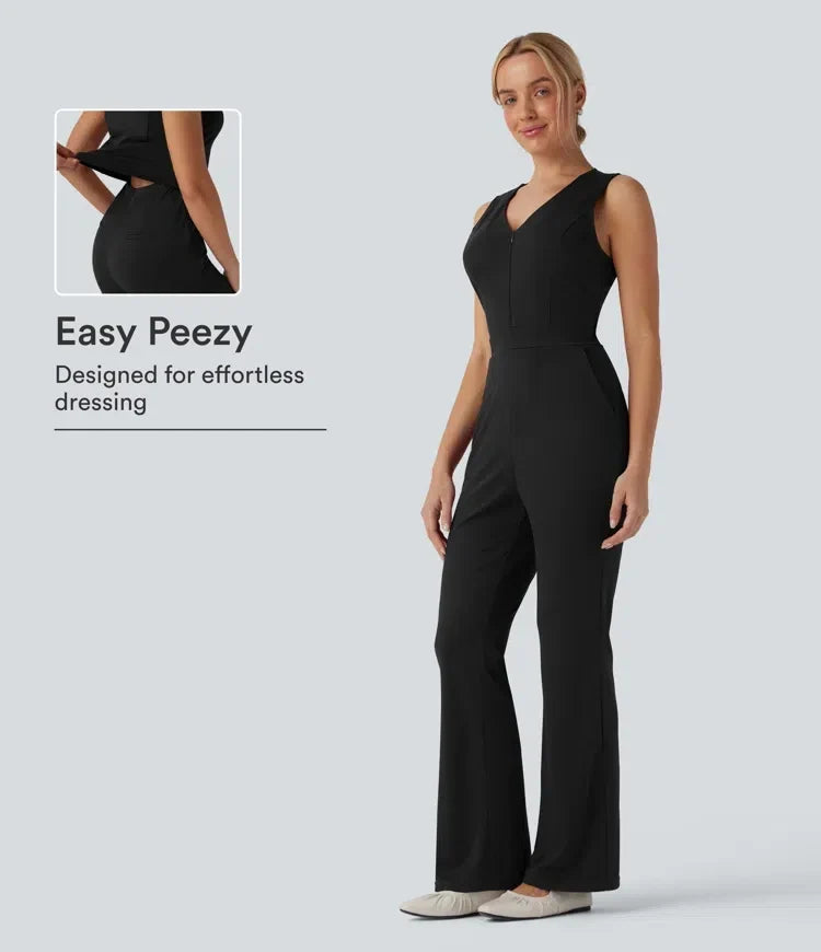 Svart ärmlös bootcut jumpsuit med V-ringning för kvinnor