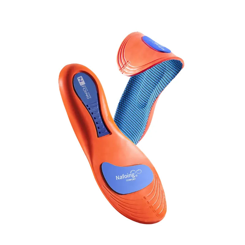 Ergonomiska stödjande inläggssulor i orange och blå färg med stötdämpande design