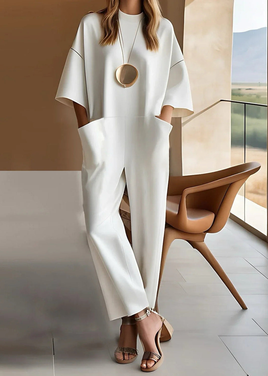 Vit jumpsuit med vida ärmar och fickor på modell