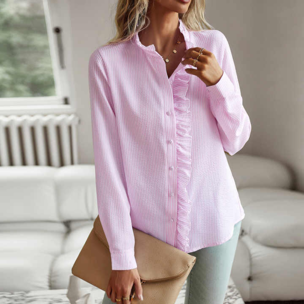 Strukturerad damblus med lång ärm och elegant ståkrage i vardagsstil