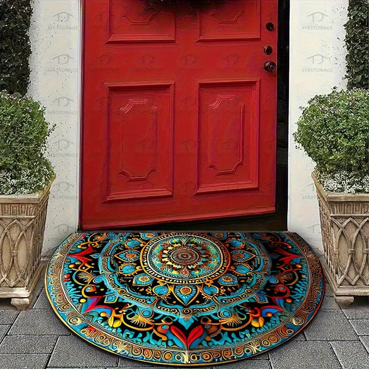 Halvrund dörrmatta med mandala mönster placerad i en mysig hall