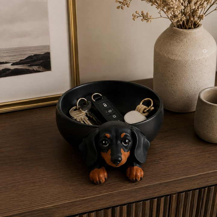 Skulpterad nyckelskål med hundmotiv för hallinredning och praktisk förvaring