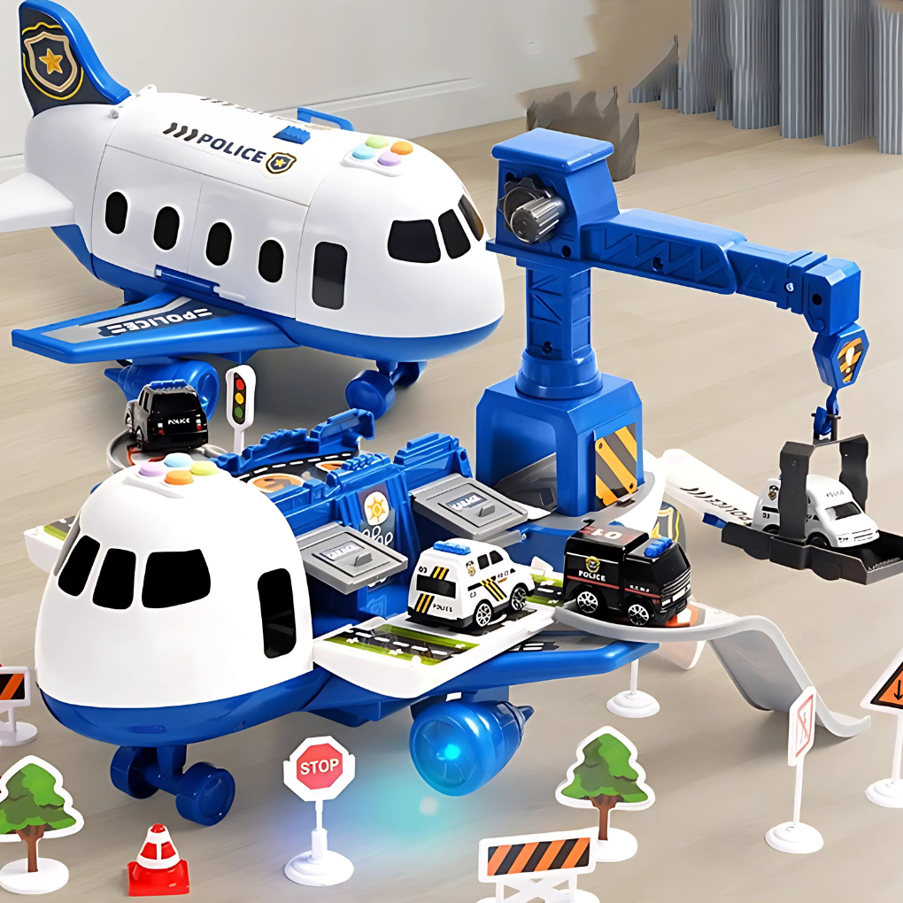 Det blå flygplanet med tillhörande polisbilar och vägskyltar