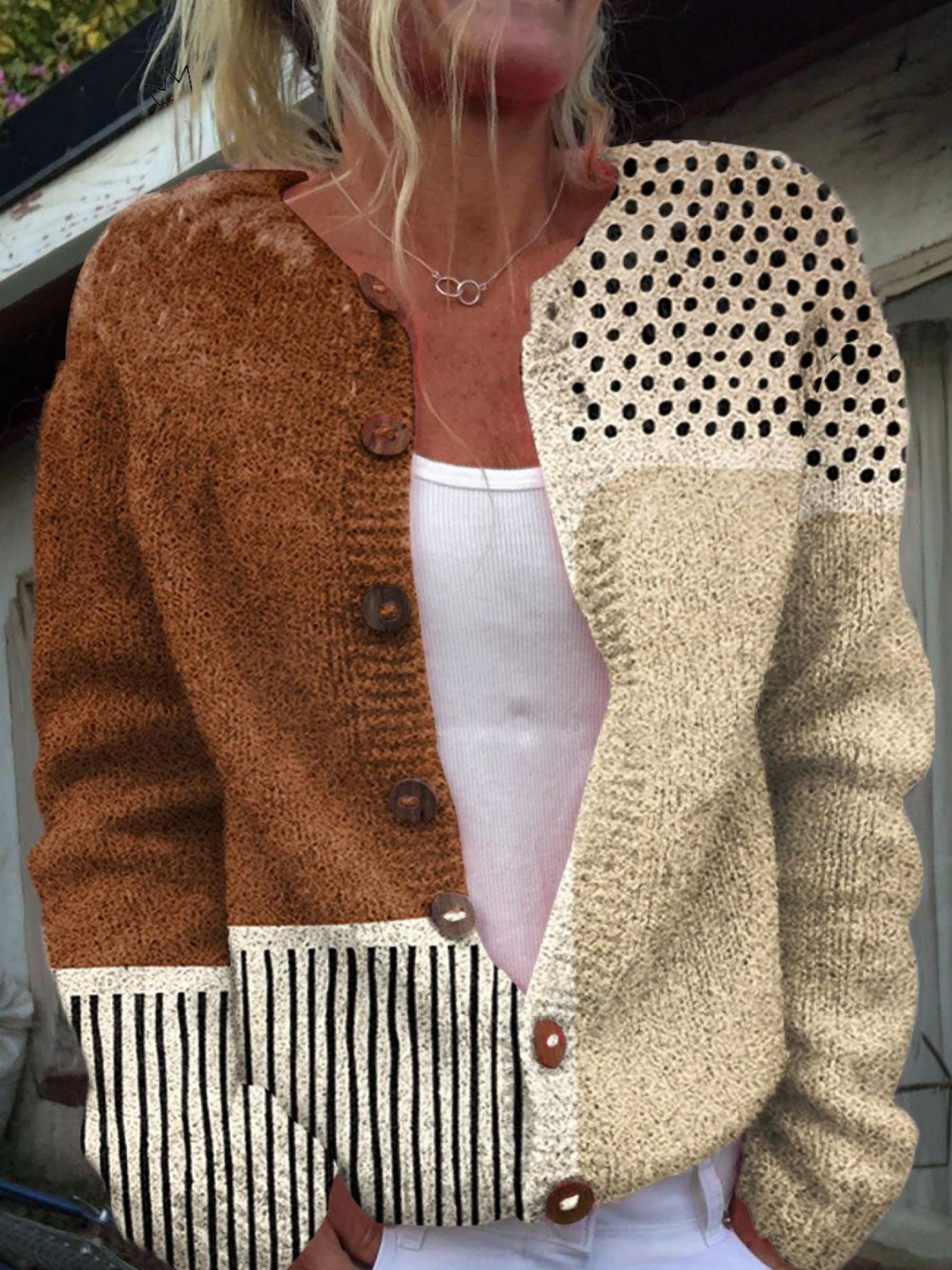 Dam cardigans med färgblock i terrakotta och mönstrade paneler