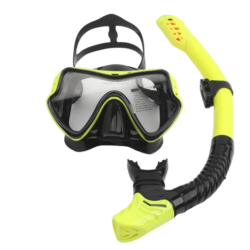 Gul och svart snorkelmask med matchande snorkel