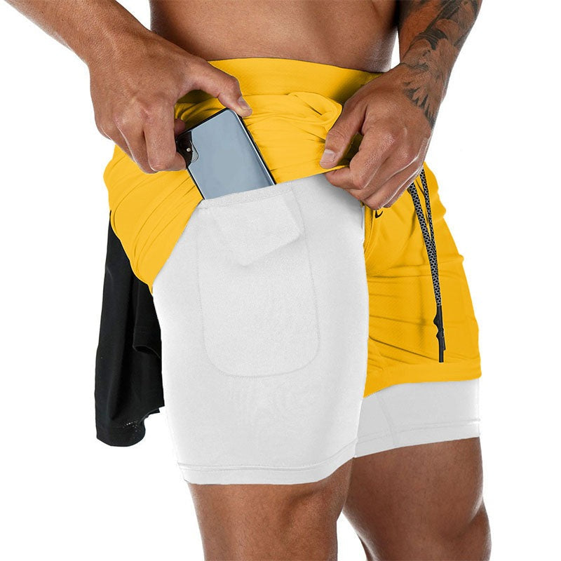 Svart träningsshorts med innerbyxa för herr, perfekt för gym och löpning