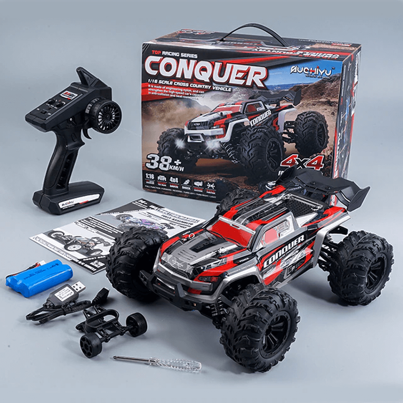 Röd och grön 1:16 RC-bil terränggående monstertruck med kraftiga däck