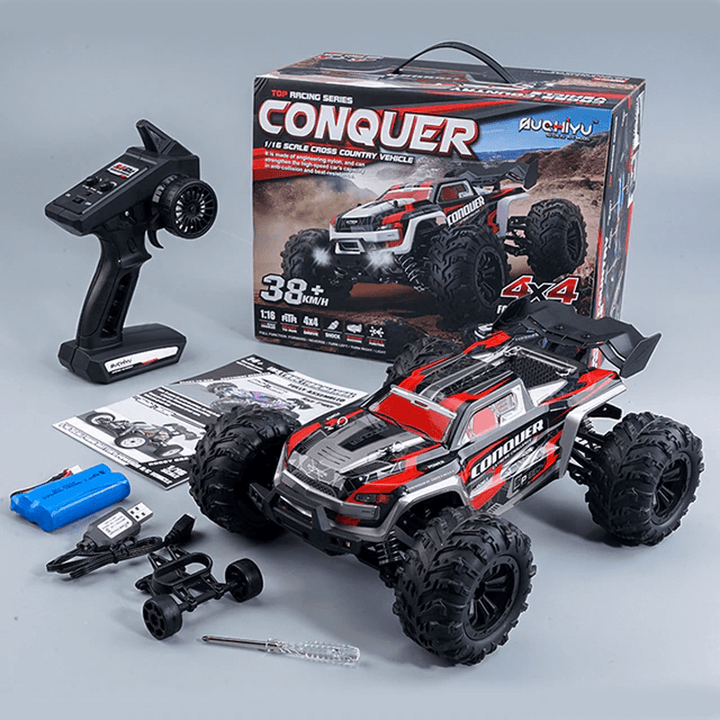 Röd och grön 1:16 RC-bil terränggående monstertruck med kraftiga däck