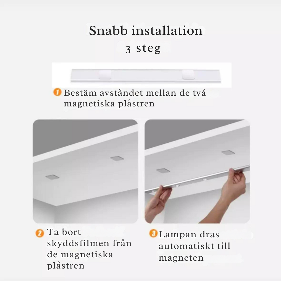 SmartBeam trådlös LED-lampa med rörelsesensor monterad under köksskåp för bänkbelysning