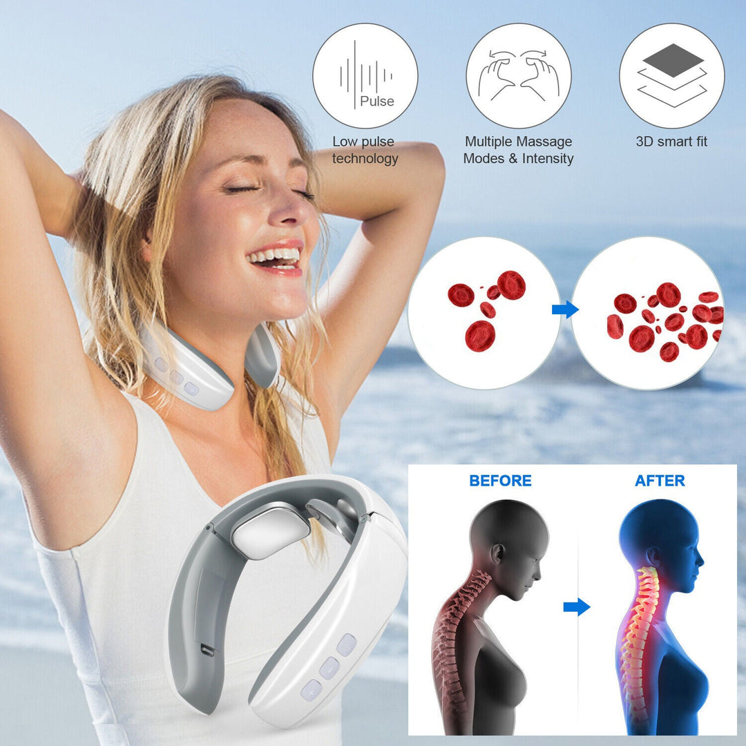 Kvinna som njuter av avslappning med pulsnackmassager utomhus