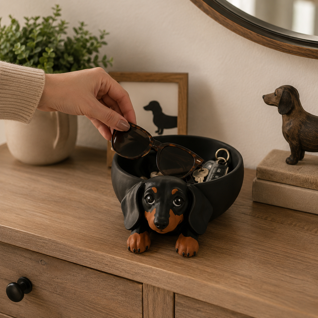 Snygg förvaring av nycklar i en skulpterad skål med hundmotiv på bordet