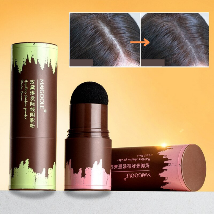 Brun produktförpackning och före- och efterbild på hårfäste
