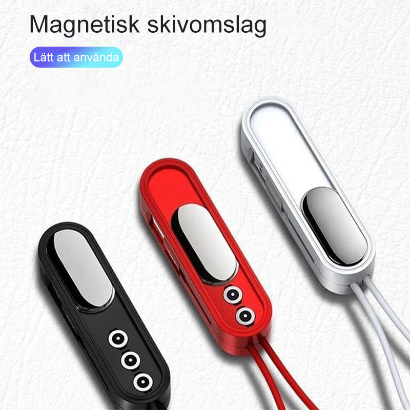 "3-i-1 magnetisk laddningskabel, svart, med förvaringslåda, små kontakter: Android, Type C, iPhone, kompakt design."