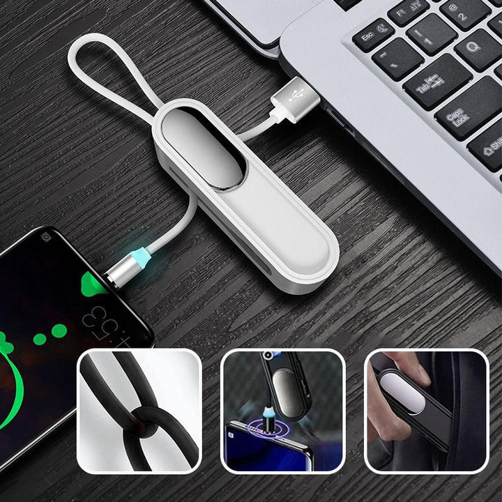 "3-i-1 magnetisk laddningskabel, svart, med förvaringslåda, små kontakter: Android, Type C, iPhone, kompakt design."