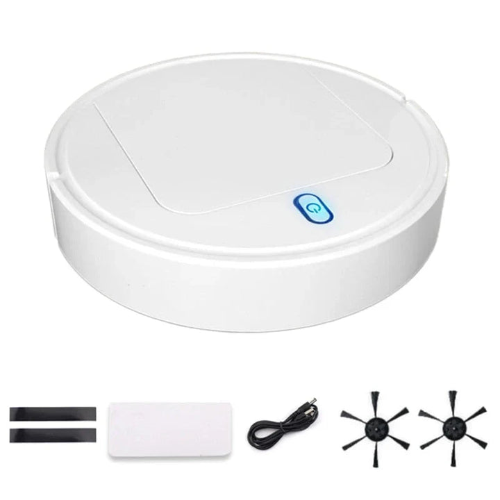 Vit 3-i-1 städrobot med medföljande tillbehör och borstar på vit bakgrund