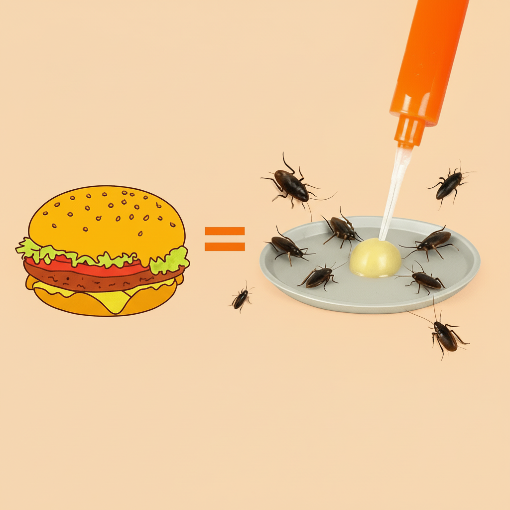 Illustration som visar hur gelbete verkar mot kackerlackor likt en hamburgare