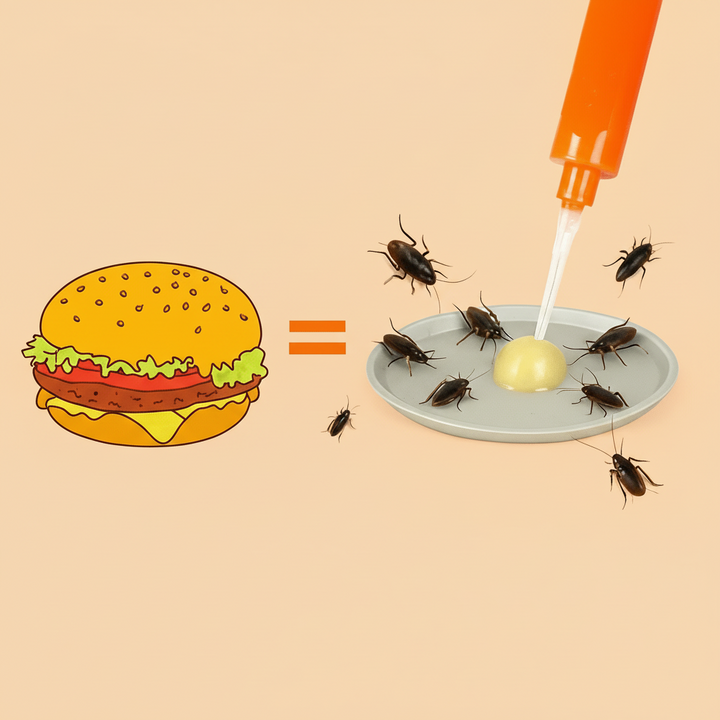 Illustration som visar hur gelbete verkar mot kackerlackor likt en hamburgare