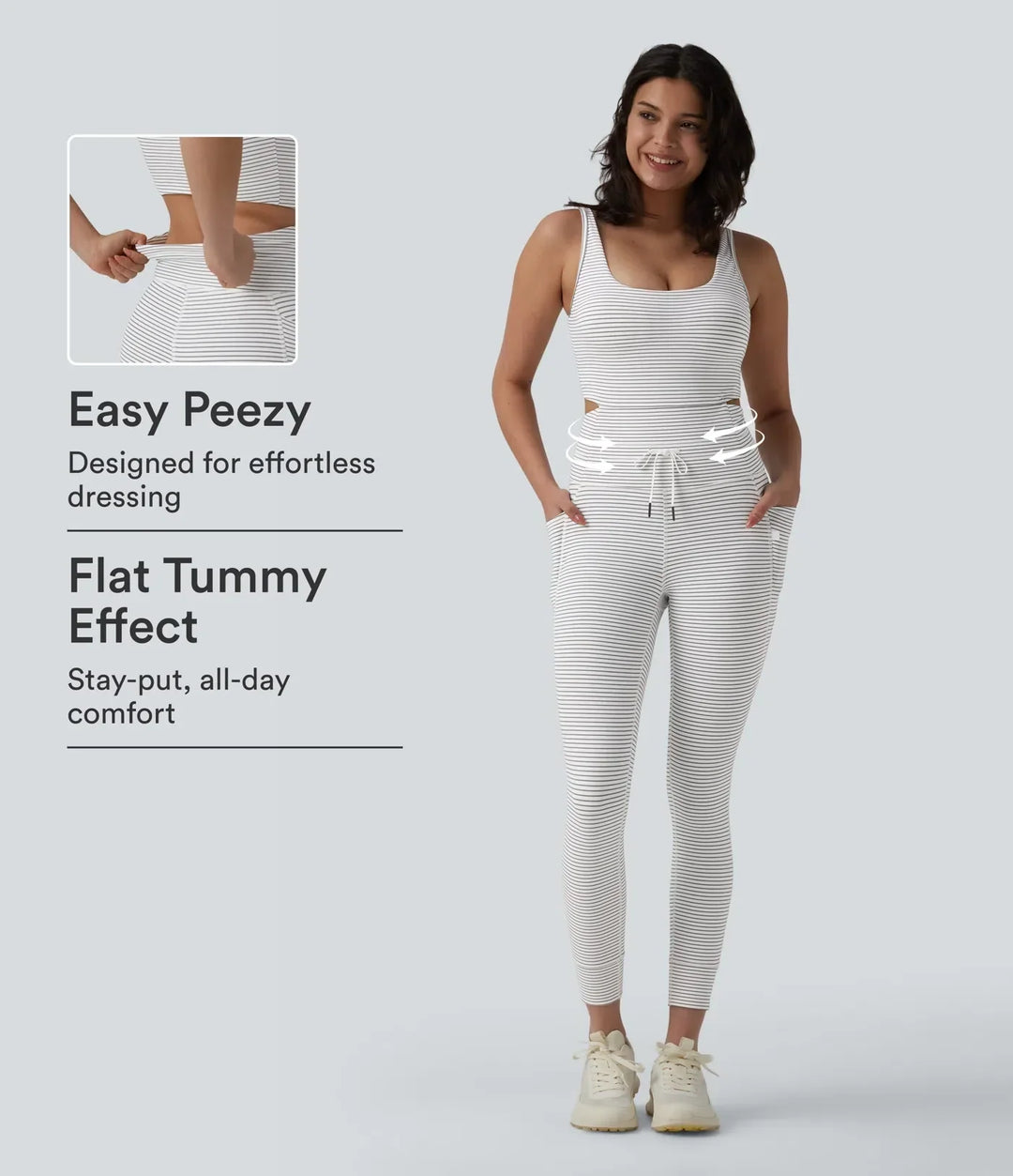 Helbild av dammodell i randig sportkläder jumpsuit för träning