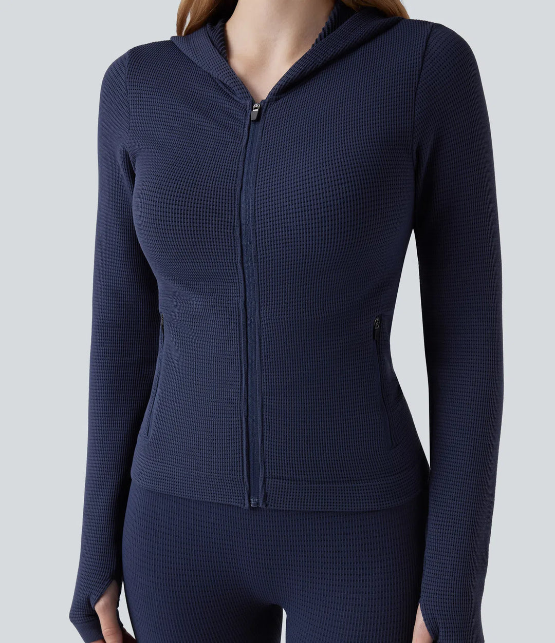 Dam yogajacka med huva bakifrån i matchande sömlös design