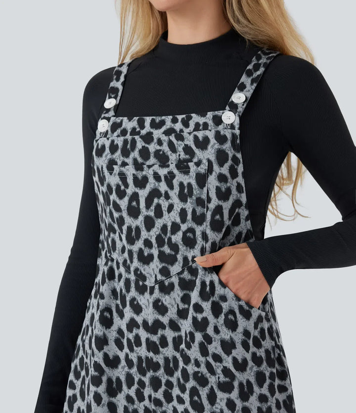 Beige leopardmönstrad våfflad vardagsoverall för dam med praktiska fickor