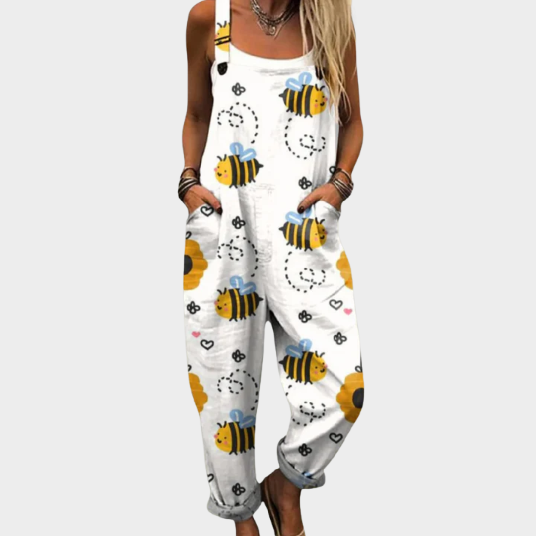 Dam mönstrad bekväm jumpsuit i vitt med lekfullt tryck