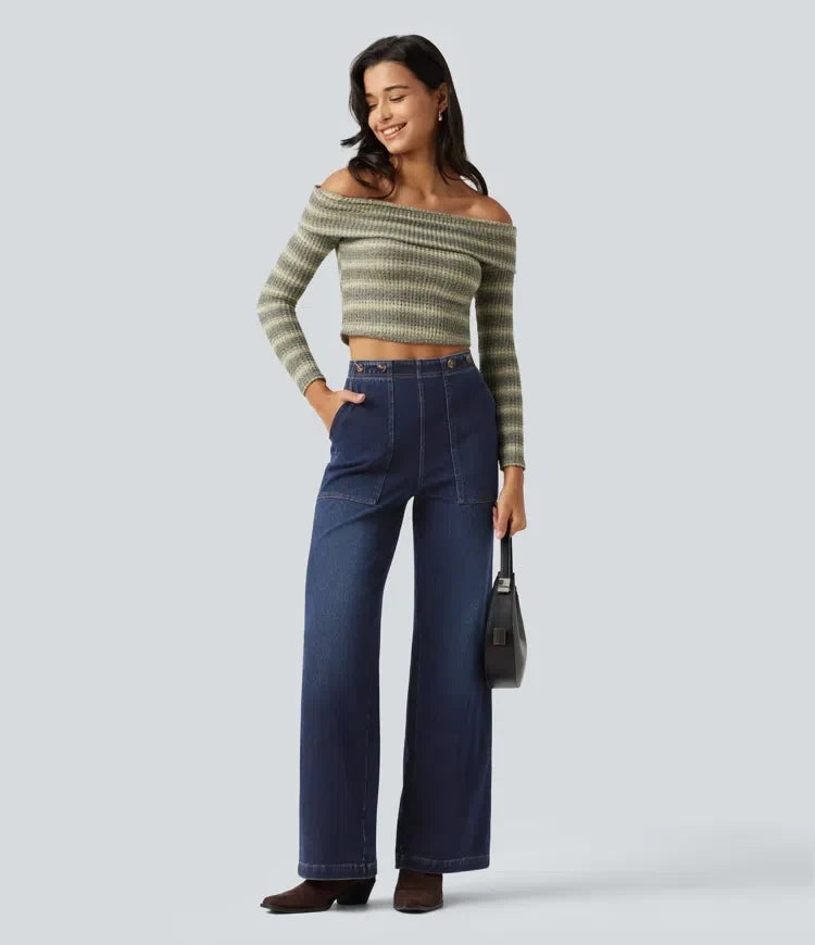 Moderna högmidjade jeans för kvinnor med vida ben
