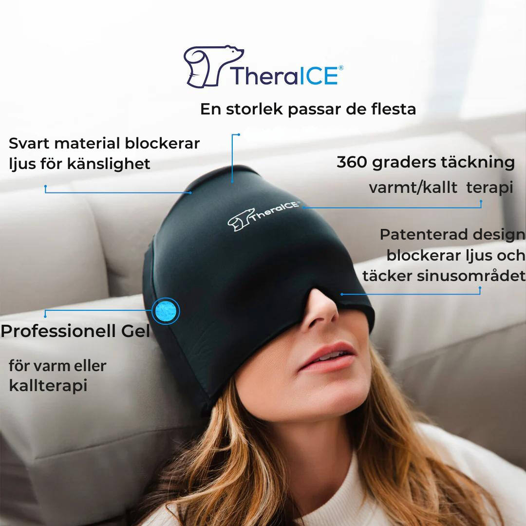 Svart 360-graders migränmask med kylande gel som visar funktioner
