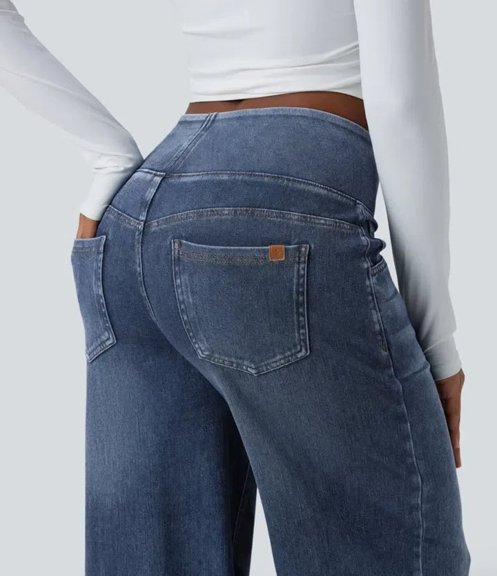 Draperade jeans för dam med medelhög midja och skön känsla
