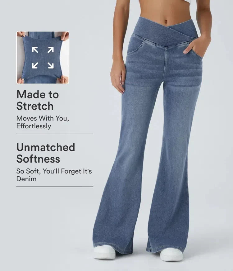 Damkläder - Högmidjade utsvängda jeans framifrån med stretchvisning