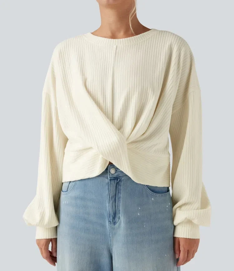 Dam sweatshirt i ribbstickat material med långa ärmar