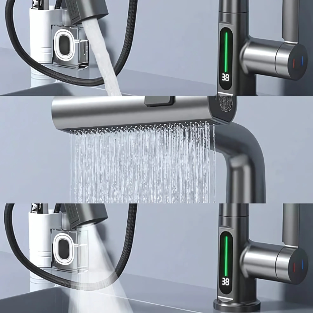 Flexibel LED vattenkran med kromfinish monterad i modernt kök