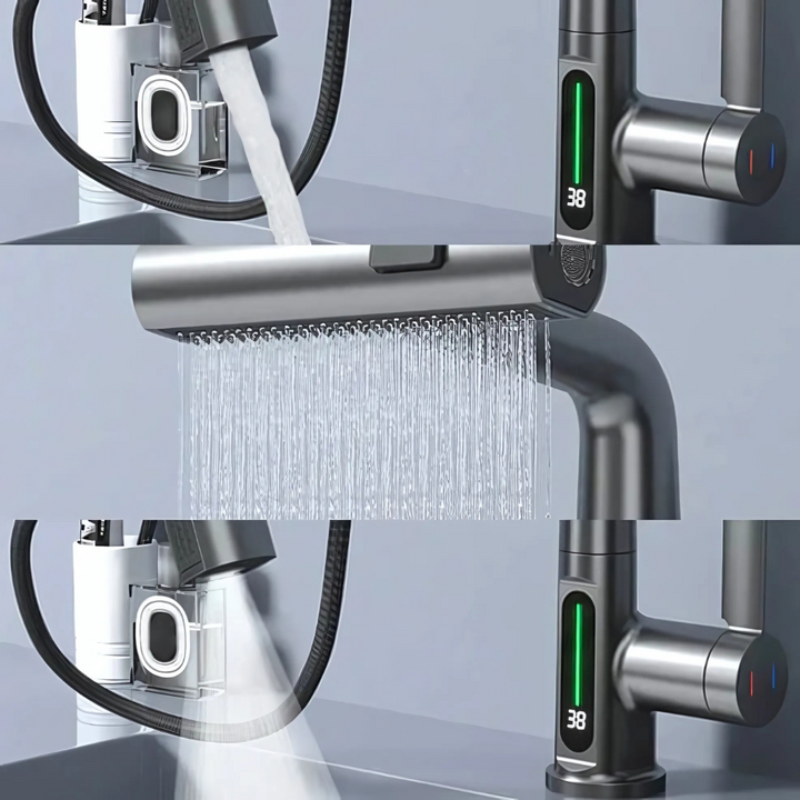 Flexibel LED vattenkran med kromfinish monterad i modernt kök